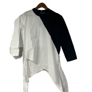 Belissa woman’s asymmetrical black white color block statement back zip top sz m